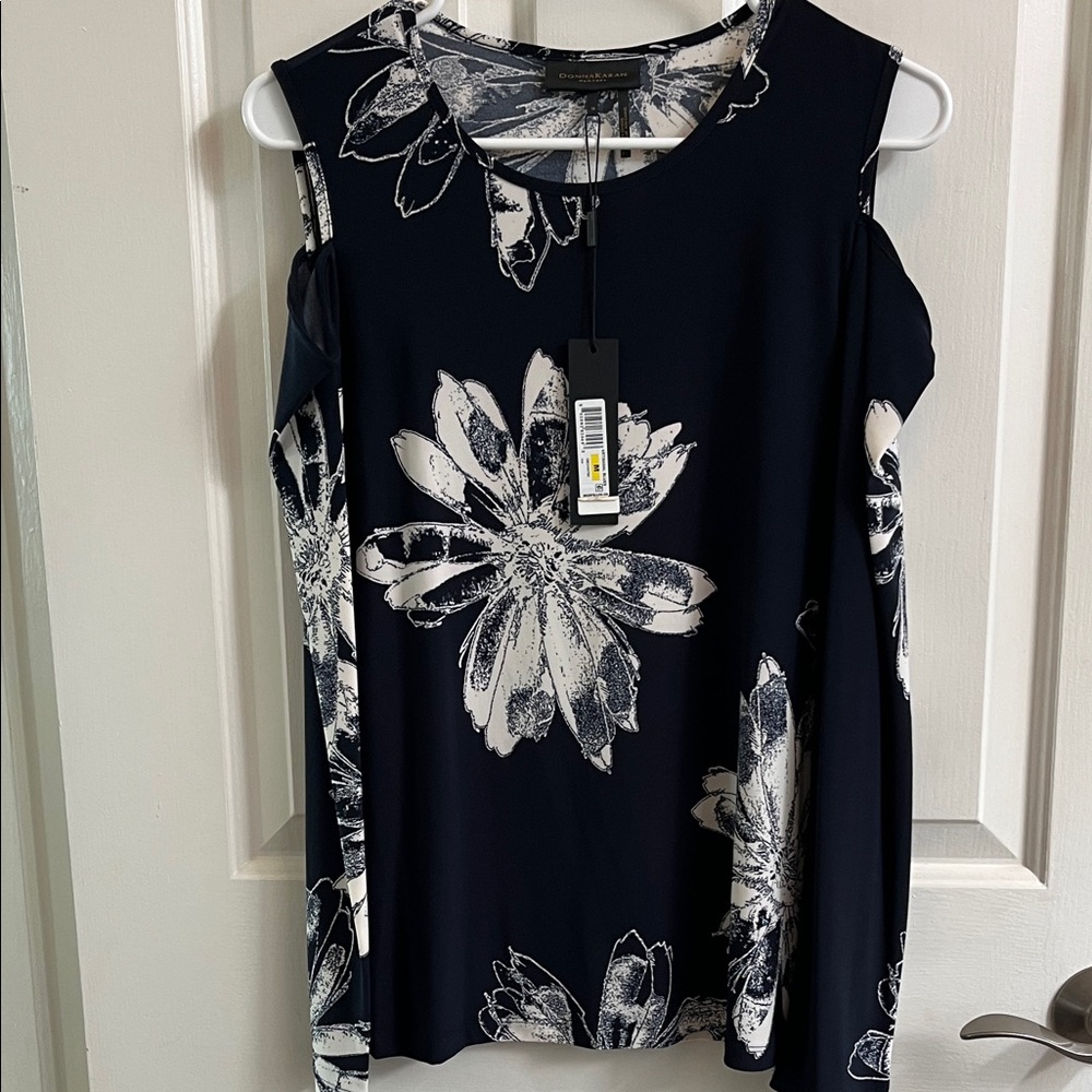 Donna Karan New York Floral Cold Shoulder Top - Navy blue and White